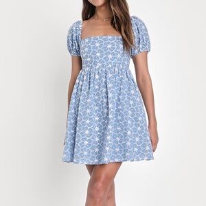 Lulus Fit to Frolic Blue Eyelet Lace Puff Sleeve Babydoll Dress women’s size XL